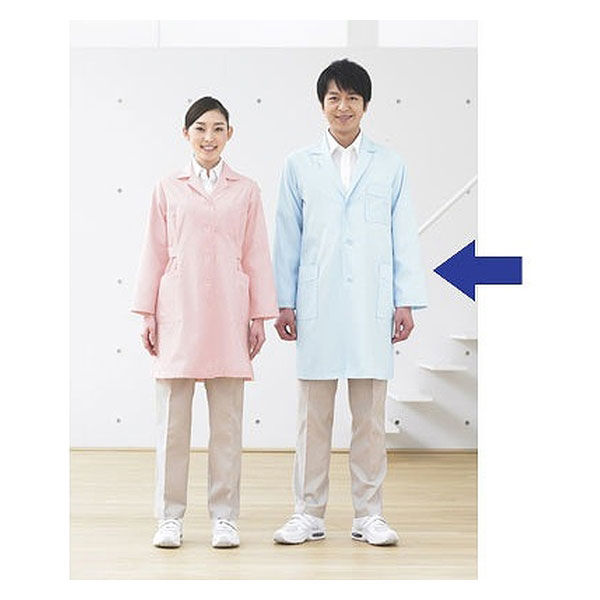 KAZEN メンズ診察衣（ハーフ丈） ドクターコート 医療白衣 薬局衣 長袖 サックスブルー（水色） シングル L 251-91（直送品）