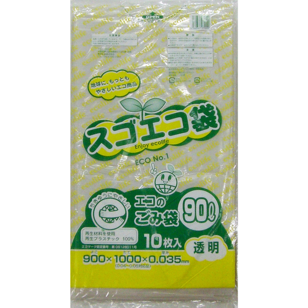 野添産業　スゴエコ袋　90L　透明　厚さ35μ　3S2519035　1箱（1袋10枚入×30）