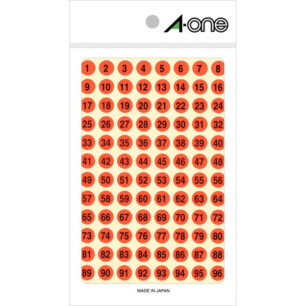 エーワン 数字ラベル 丸シール 1～100 整理・表示用 上質紙 蛍光 赤 丸型 直径9mm 1袋（1～100各4片入） 08083