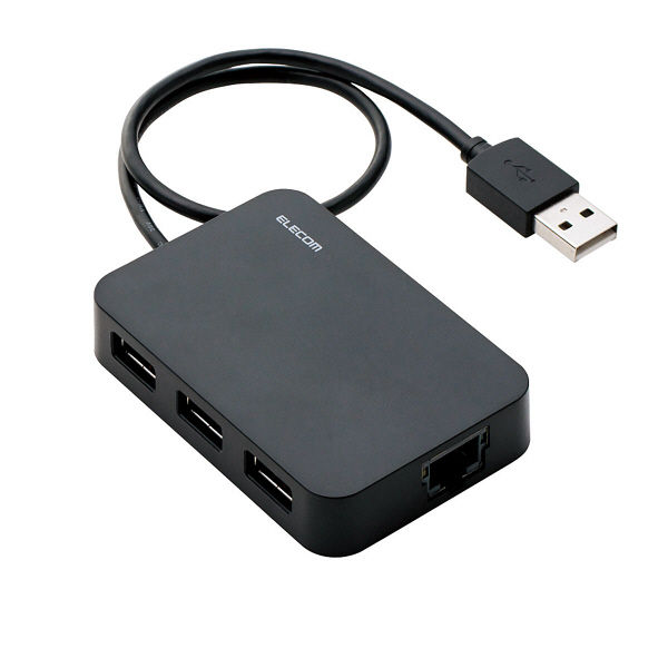 有線LAN アダプタ USB2.0 USBハブ付 3ポート ケーブル長 30cm ブラック EDC-FUA2H-B エレコム 1個