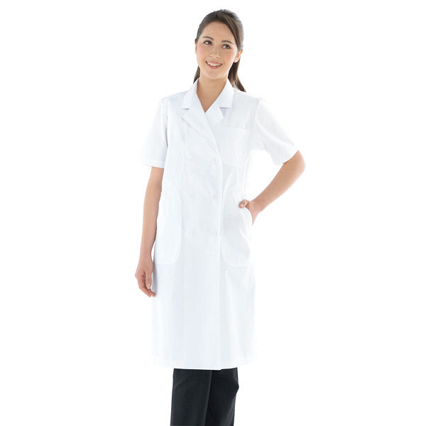 KAZEN レディス診察衣W型半袖 ドクターコート 医療白衣 ホワイト ダブル 4L 127-30（直送品）