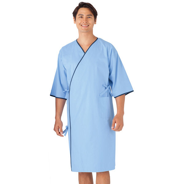 KAZEN 検診衣（ライン入り） 検査着 患者衣 男女兼用 サックスブルー（水色） M 226-91（直送品）
