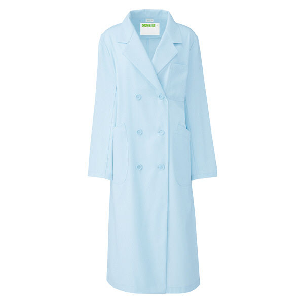 KAZEN レディス診察衣W型長袖（ドクターコート） 医療白衣 サックスブルー（水色） ダブル L 265-91（直送品）