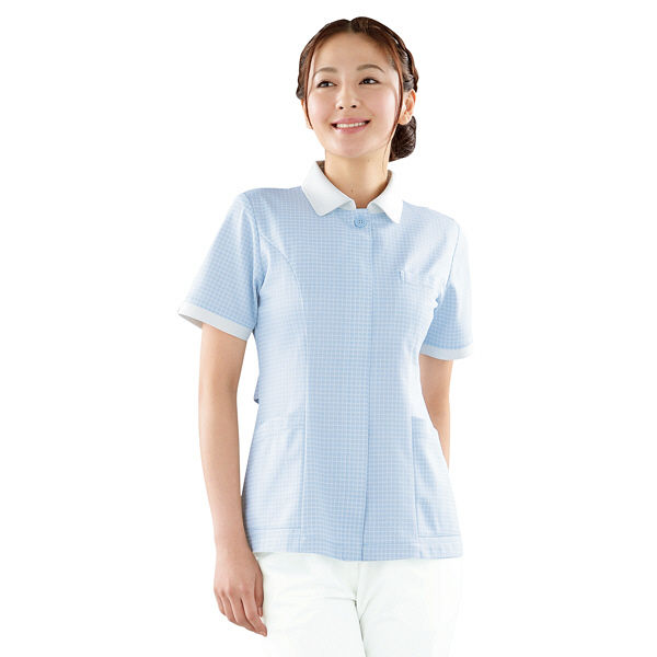 KAZEN レディスジャケット半袖 （ナースジャケット） 医療白衣 サックスブルー（水色） L 947-11（直送品）
