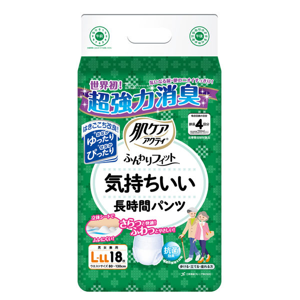 肌ケア　アクティ　ふんわりフィット気持ちいい長時間パンツ　L～LL　80646　１パック１８枚入　日本製紙クレシア