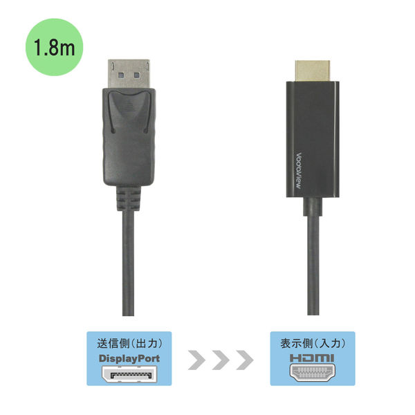 Vodaview 変換ケーブル DisplayPort[オス]→HDMI[オス] 1.8m/ブラック