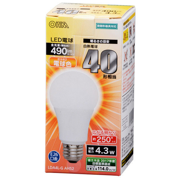 オーム電機　LED電球　A型　E26　電球色　LDA4L-G　AH52