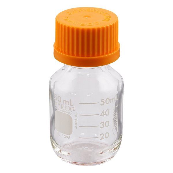 コーニングインターナショナル メディウム瓶(PYREX(R)オレンジキャップ付き) 透明 50mL 1395-50 1本 1-4994-02（直送品）