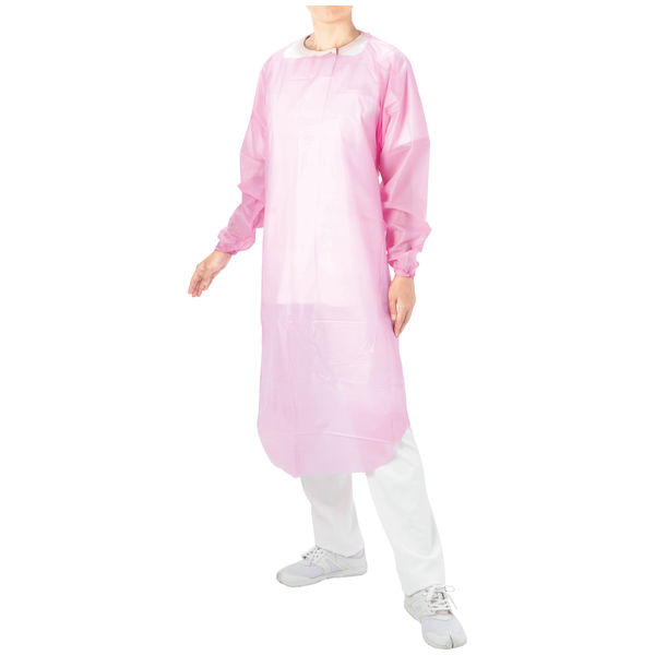 川西工業 ガードファイン ポリエチレン袖付きエプロン ゴム袖 ピンク
