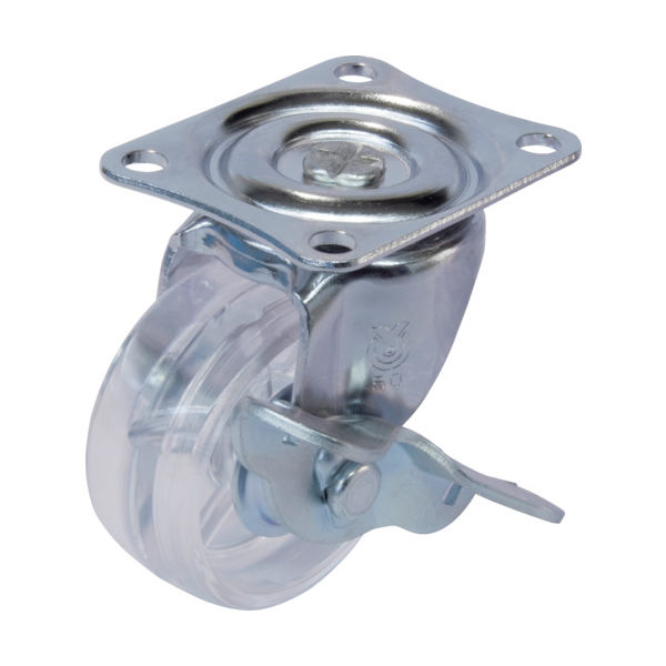 プレート式 自在 キャスター 透明ポリカーボネート 車輪径50mm ストッパー付き Gタイプ GーS型 取付寸法46×35 G-50PCS（直送品）