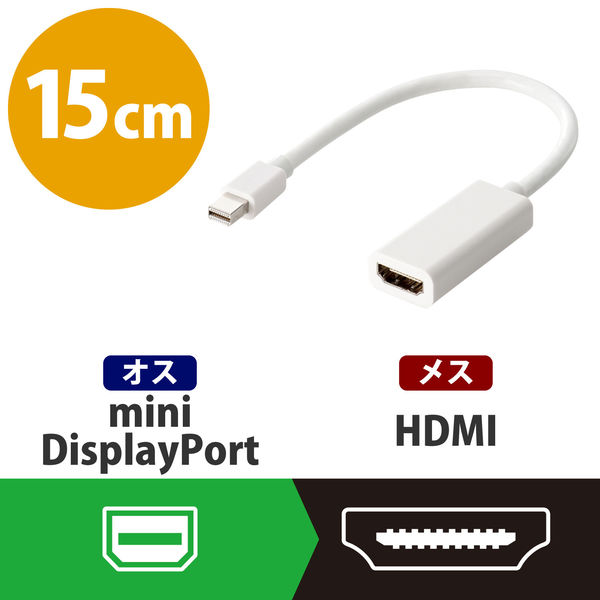 Mini DisplayPort[オス] - HDMI[メス] 変換アダプター 15cm 白 AD-MDPHDMIWH エレコム 1個