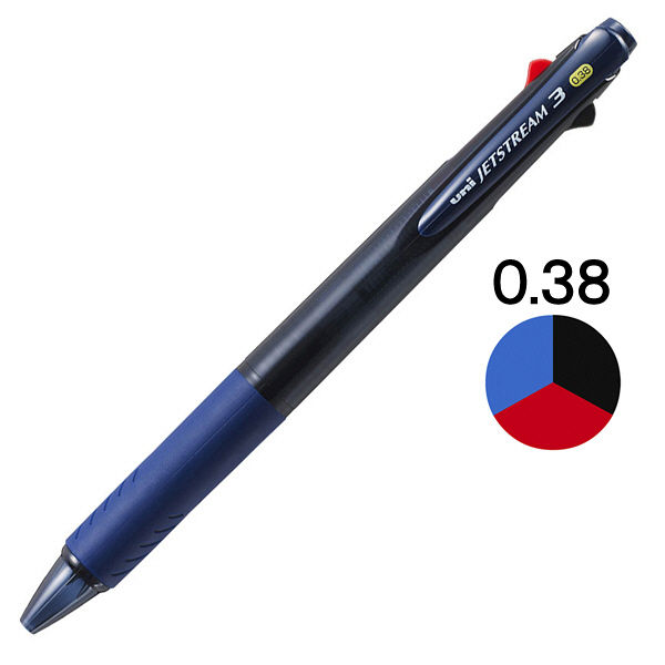 ジェットストリーム 3色ボールペン 0.38mm 油性 透明ネイビー軸 紺 SXE3-400-38 三菱鉛筆uniユニ - アスクル
