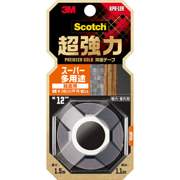 粗面用 スーパー多用途 超強力両面テープ プレミアゴールド KPR-12R 幅12mm×長さ1.5m スコッチ 3Mジャパン 1巻 - アスクル