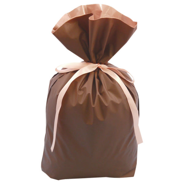 梨地リボン付き巾着（マチ付き）　S　ブラウン　1セット（60枚：20枚入×3袋）　カクケイ