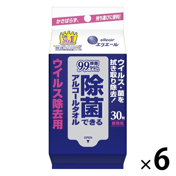 ウェットティッシュ　除菌シート アルコール除菌　携帯用　30枚入×6個　アロエエキス入　除菌　ウイルス除去用 大王製紙