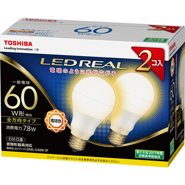 東芝 LED全方向60W電球色2個パック LDA8L-G/60W-2P（直送品） - アスクル