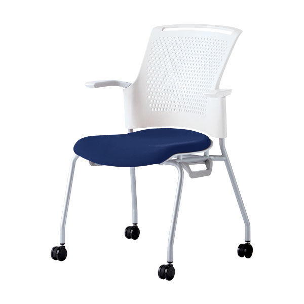 プラス 会議椅子 チェダーC キャスター脚タイプ 背ヌード 肘付 ホワイトシェル ナイトブルー MB-W53SH NBL 1脚（直送品）