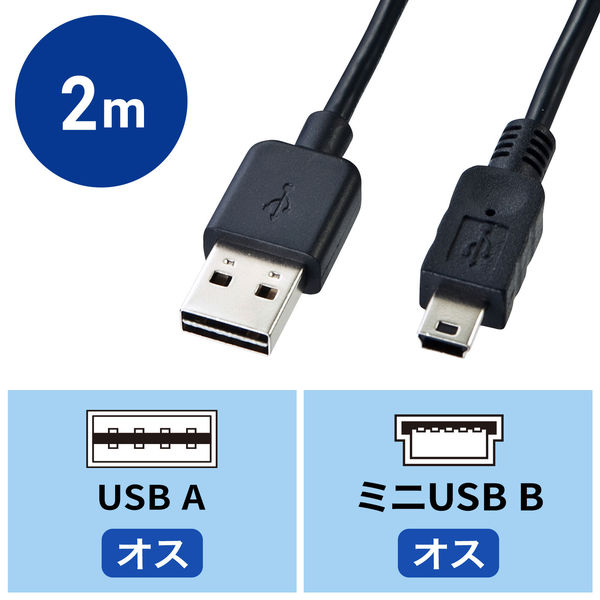 USBケーブル　両面USB-A（オス）MiniB（オス）　2m　USB2.0　KU-RMB52　サンワサプライ　1本