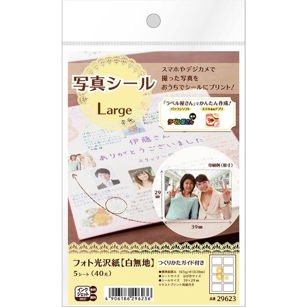 エーワン 写真シール Large フォト光沢紙 5シート入 白無地 29623 1セット（5冊）