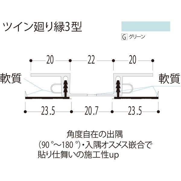 【建築資材・浴室用パネル】フクビ化学工業 樹脂系バスパネル部材　ツイン廻り縁３型3m　グリーン 1梱包（20本入）（直送品）