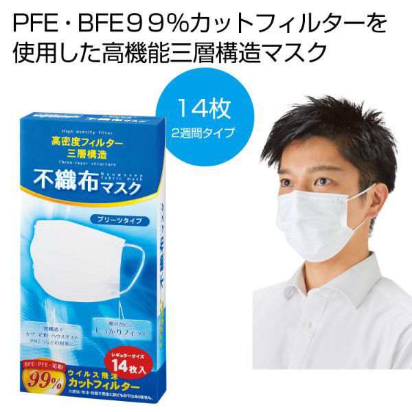 内海産業 使い捨てマスク 高密度フィルター 三層構造不織布マスク14枚入 2708001 1ケース(144個(1個×144))（直送品）