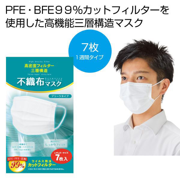 内海産業 使い捨てマスク 高密度フィルター 三層構造不織布マスク7枚入 2707981 1ケース(240個(1個×240))（直送品）