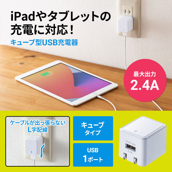 サンワサプライ キューブ型USB充電器（2.4A・ホワイト） ACA-IP79W 1個