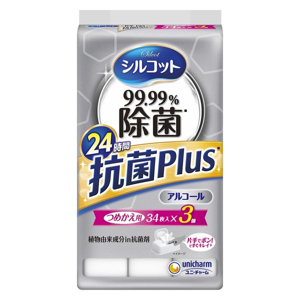 ユニ・チャーム シルコット９９．９９％除菌ウェットティッシュ抗菌Ｐｌｕｓ詰替３４枚×３個パック 4903111437108 1個(102枚)（直送品）