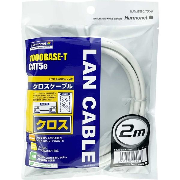 協和ハーモネット CAT5e対応クロスケーブル 2m ホワイト HLC-5EX-2MP 1セット（6本）（直送品）