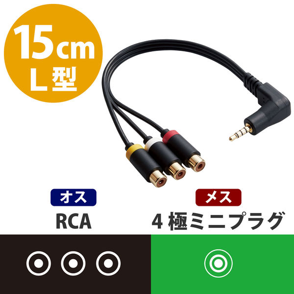 エレコム AV売場/映像ケーブル/L型ミニピンプラグ(4極)-RCAピンプラグ変換ケーブル/0.15m/ブラック DH-MLWRYF015BK 1個  - アスクル