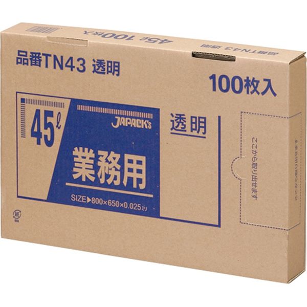 ジャパックス 業務用ポリ袋 45L100枚BOX 透明 厚み0.025ｍｍ TN43 1セット（6箱） アスクル