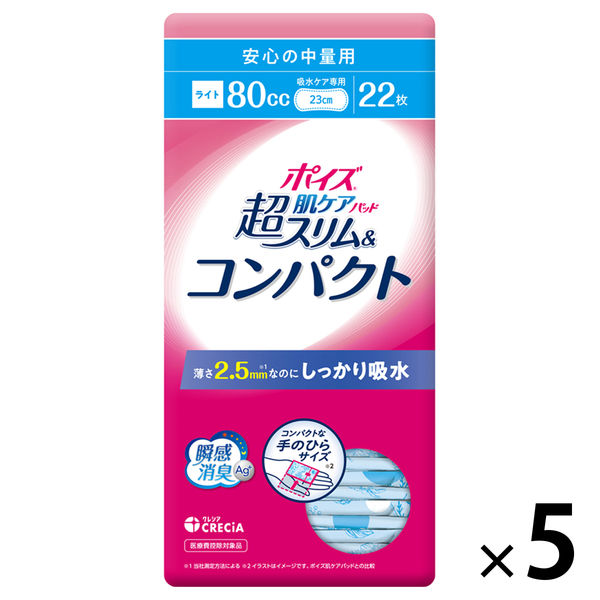 ポイズ 吸水ナプキン 超スリム＆コンパクト ライト  80cc 羽なし 23c 肌ケア 吸水パッド 5パック（22枚×5個）尿漏れ