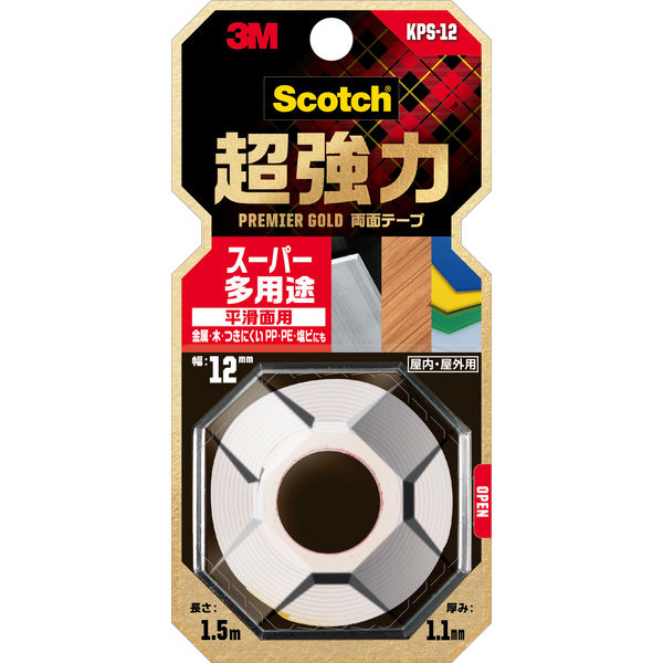 平滑面用 スーパー多用途 超強力両面テープ プレミアゴールド KPS-12 幅12mm×長さ1.5m スコッチ 3Mジャパン 5巻