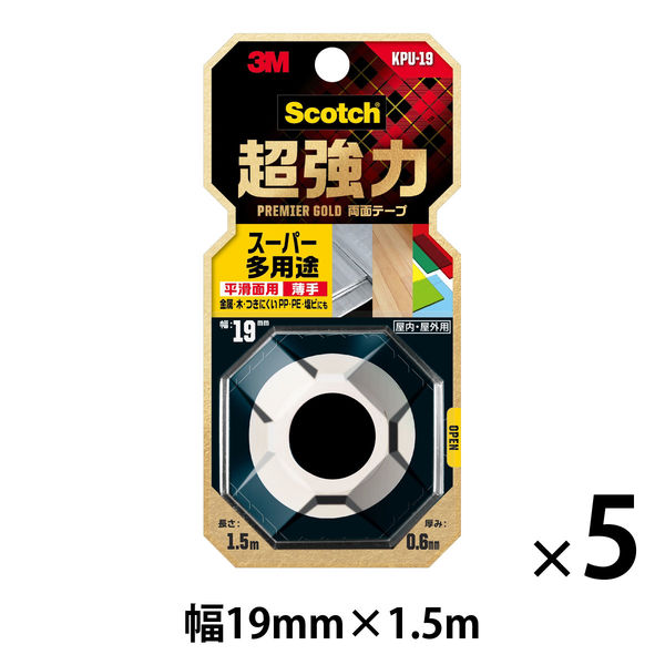 平滑面用 スーパー多用途 超強力両面テープ プレミアゴールド 薄手 KPU-19 幅19mm×長さ1.5m スコッチ 3M 5巻入