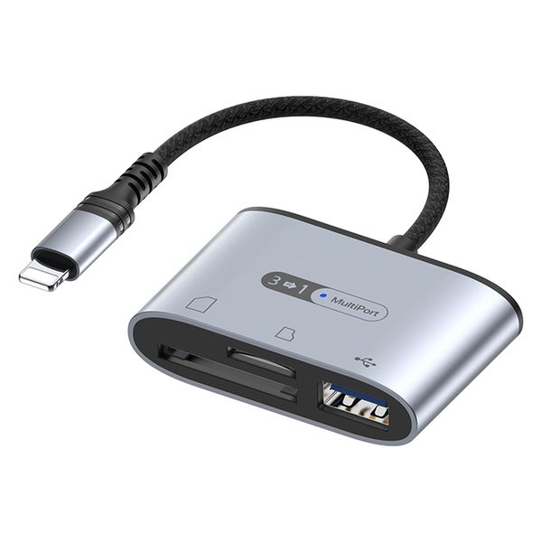 ライトニング 変換アダプター USBハブ SD/microSDカードスロット USB-Aポート搭載 シルバー 1個 - アスクル