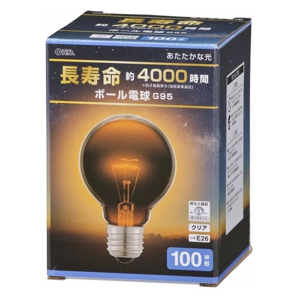 オーム電機 長寿命ボール電球E26 100W形 G95クリア 06-0865 1個（直送品）