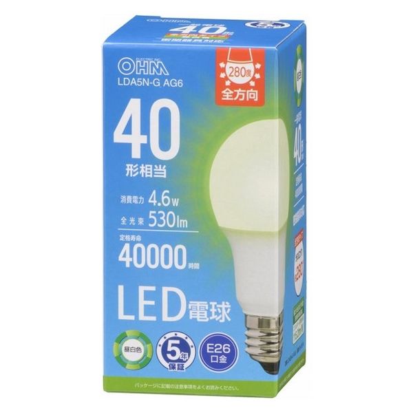 オーム電機 LED電球 E26 40形相当 昼白色 06-5514 1個（直送品