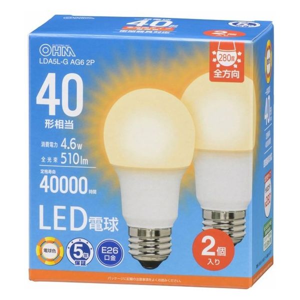 オーム電機 LED電球 E26 40形相当 電球色 2個入 06-5517 1個（直送品