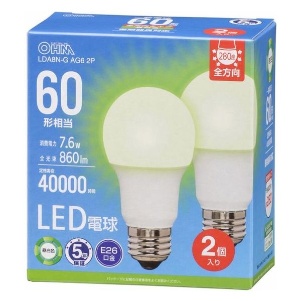 オーム電機 LED電球 E26 60形相当 昼白色 2個入 06-5521 1個（直送品）