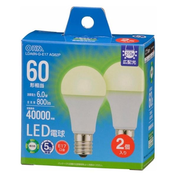 オーム電機 LED電球小形E17 60形相当 昼白色 2個入 06-5549 1個（直送品）