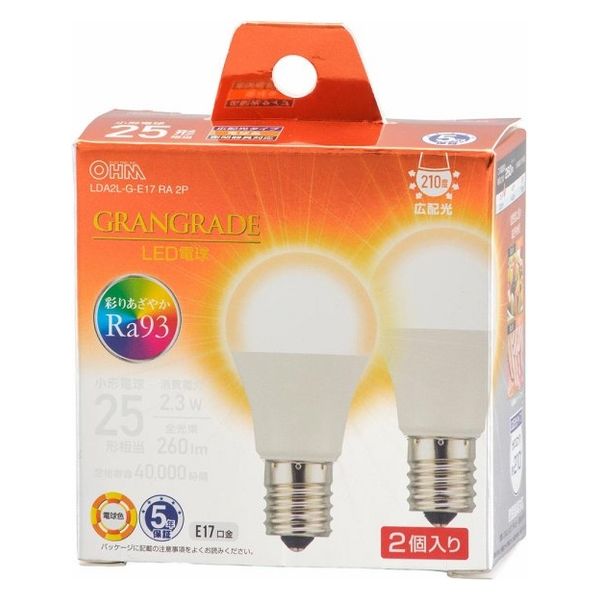 オーム電機 LED電球小形E17 25形相当 電球色 2個入 06-5554 1個