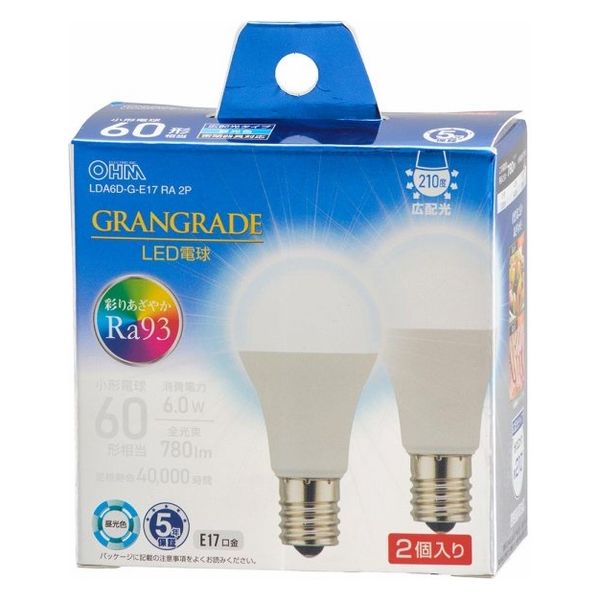 オーム電機 LED電球小形E17 60形相当 昼光色 2個入 06-5568 1個（直送品）