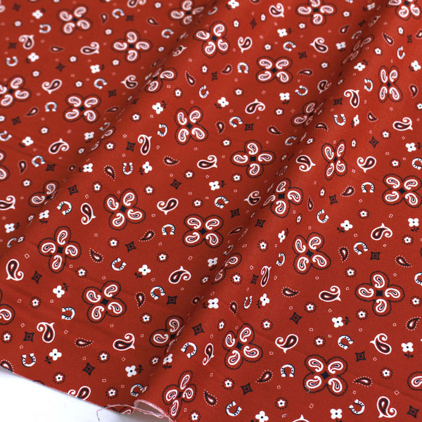 輸入プリント生地 レッド地 ペーズリー風柄キッズカウボーイシリーズ 巾110cm×3mカット販売 10551-red（直送品）