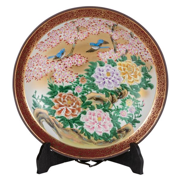 伊野正峰 日本の伝統工芸品【九谷焼】 K8-1334 10号飾皿 牡丹鳥 皿立付 光崖窯　1個（直送品）