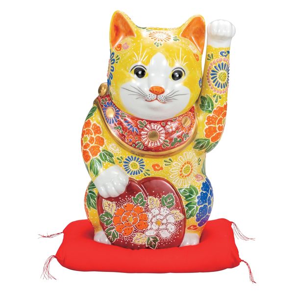 伊野正峰 日本の伝統工芸品【九谷焼】 K8-1569 10号小判招き猫 黄盛 布団付　1個（直送品）