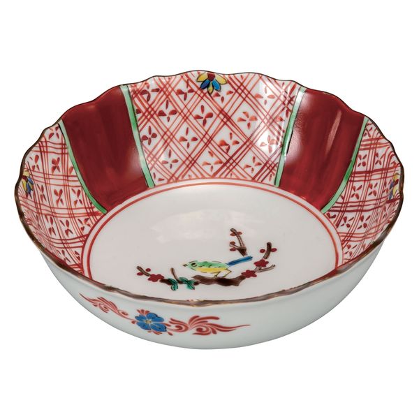 伊野正峰 日本の伝統工芸品【九谷焼】 6号鉢 赤絵花鳥 双鳩窯
