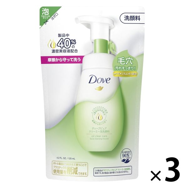 ダヴ（Dove）ディープピュア クリーミー泡洗顔料 つめかえ用 125mL×3個 毛穴汚れ ユニリーバ アスクル