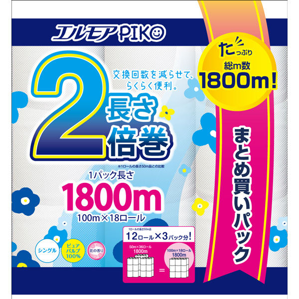 カミ商事株式会社 エルモアピコ2倍巻シングル 100m 4971633163195 18ロール×4点セット（直送品）