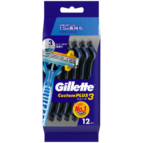 ジレット（Gillette）髭剃り カスタムプラス3 スムース 3枚刃 本体 12本入 カミソリ 男性用 P&G 5個 アスクル