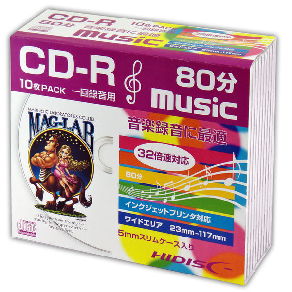 磁気研究所 CD-R 音楽用 32倍速 5mmSlimケース10枚 HDCR80GMP10SC 1個（直送品）